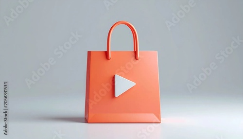 3D shopping bag with play triangle shoppable video icon isolated on wh