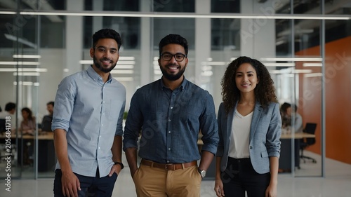 Young Diverse Professionals Smiling Together in Modern Office Environment with Collaborative Atmosphere