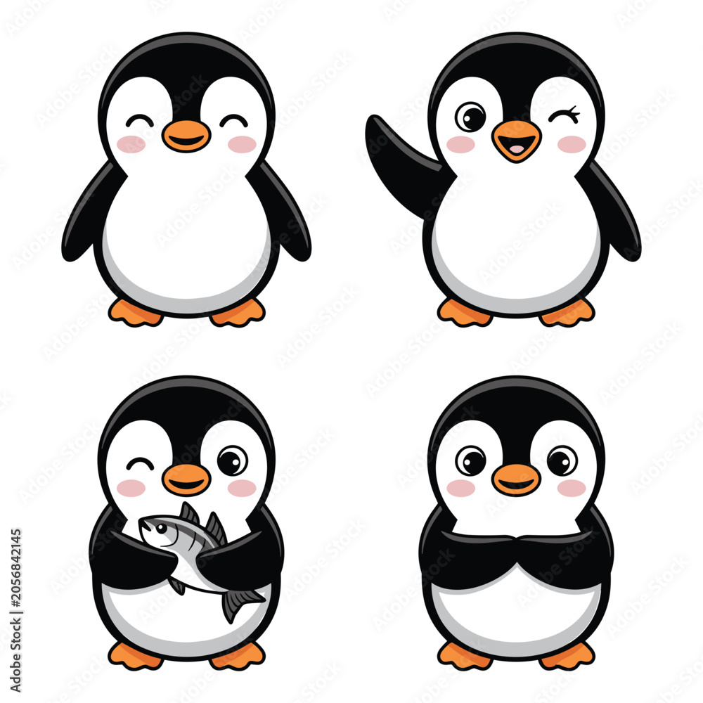 Fototapeta premium Set of four cute cartoon penguins expressing different emotions and actions including holding a fish isolated on a clean white background for graphic design