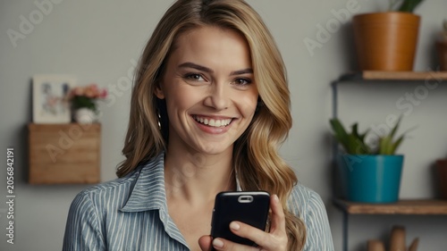Smiling Young Woman Engaging with Mobile Phone While Sitting in Modern Indoor Space