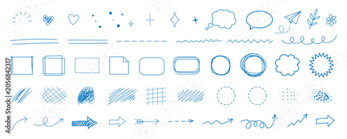 Blue pen scratch doodle and short phrases collection for hand drawn notes, journaling and graphic design. Thin blue marker doodles and scribbles, hand drawn stickers, emphasis vector elements.