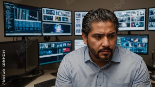 Serious Man Analyzing Data Inside a High-Tech Office with Multiple Computer Screens Displaying Information