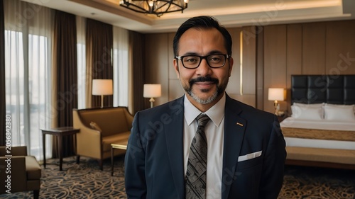 Portrait of a Confident Businessman in a Luxurious Hotel Room with Elegant Interior Details