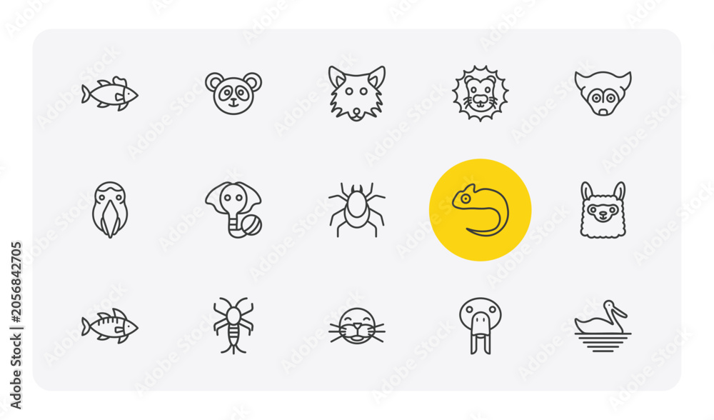 Fototapeta premium animals outline icon set. thin line salmon, panda bear, lion head, pelican and more icons. editable vector