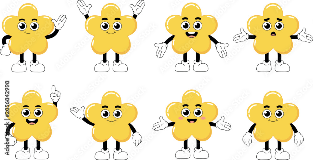 Fototapeta premium Cute Yellow Flower Character Set Vector Illustration of Cartoon Blossom Mascot with Different Expressions and Gestures for Kids Sticker Designs
