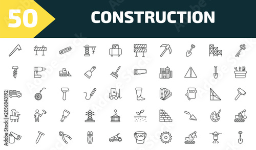 construction outline icon set. thin line crowbar, road barrier, plumb rule tool, interior de and more icons. editable vector