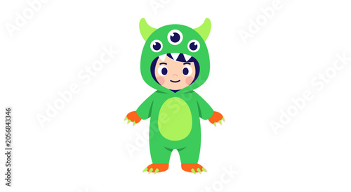 Foto Cute Cartoon Child in Green Monster Costume with Multiple Eyes and Horns
