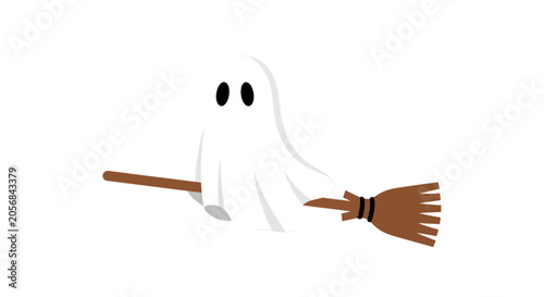 Tablou pe pânză Cute Ghost Flying on a Broomstick, Halloween Character, White Ghost Illustration