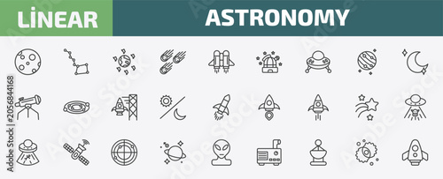 astronomy outline icon set. thin line big moon, big dipper, space junk, nebula and more icons. editable vector
