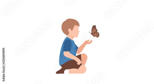 Bilde på lerret Childhood wonder: Boy interacting with butterfly, symbol of innocence and nature