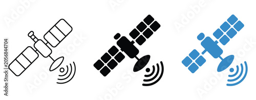 Konstfotografi Wireless satellite technology icons featuring antenna dishes and data transmission symbols in modern vector style for space communication, telecom networks, and digital connectivity