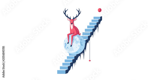 Photos Whimsical Deer Sits on Moon Next to Stairway, Fantasy Concept