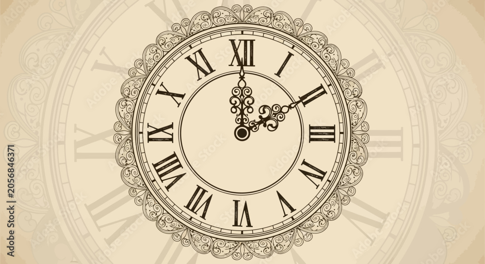 Naklejka premium Vintage Roman Numeral Clock Face with Ornate Details