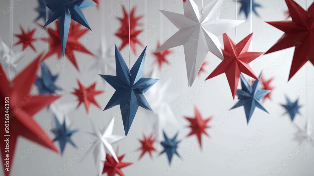 Obraz premium Colorful patriotic star decorations hanging in festive indoor celebration setting