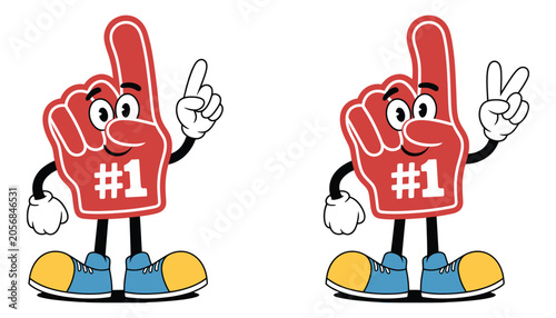 Foto Vintage red foam finger mascot icons featuring retro rubber hose style sports fan illustration of number one cheering hand vector set for branding and promotion