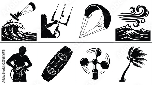 Kite surfing icons, kiteboard, harness, canopy, wind waves, anemometer, palm tree illustration
