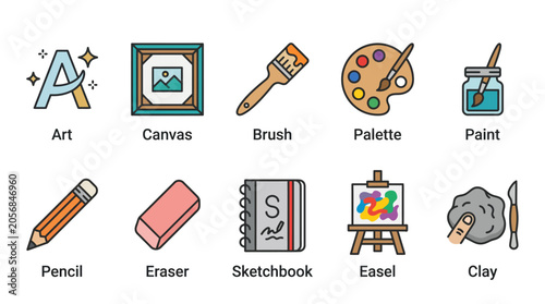 Colorful flat design art supplies collection illustration.