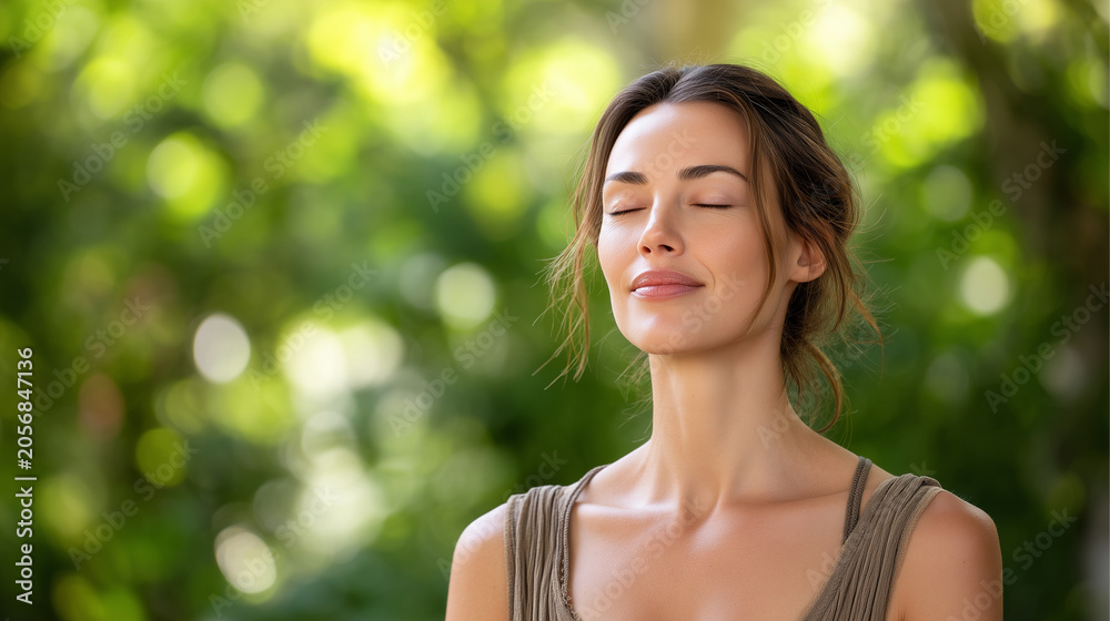 Naklejka premium Peaceful mindful woman practicing outdoor meditation in green forest garden, closed eyes and gentle smile, natural wellness lifestyle, emotional balance, relaxation, stress relief,