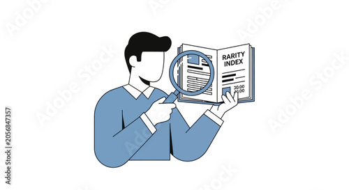 Fotografie Man Analyzing Rarity Index Report with Magnifying Glass, Business Research