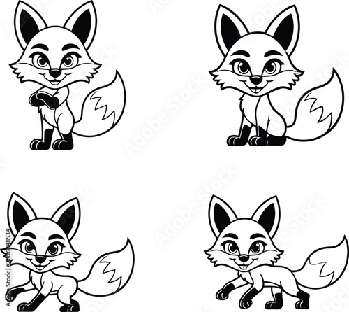 Fox Mascot Character Set - Cute Cartoon Fox Poses in Black and White