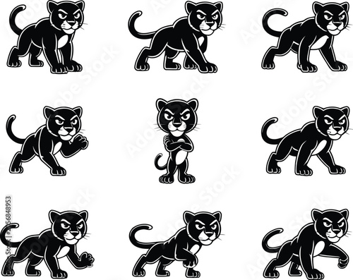 Panther Mascot Character Set - Aggressive Black Panther Cartoon Poses
