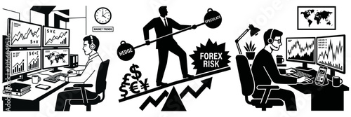 Fotografía Black and white vector illustration of traders analyzing financial charts while