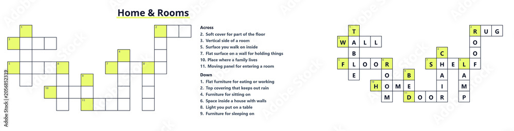 Obraz premium Home and Rooms Crossword Puzzle with Answers for Kids