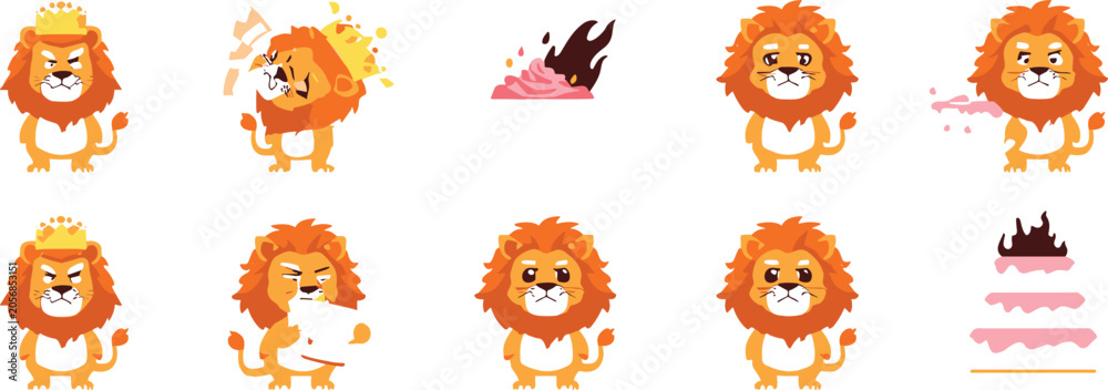 Obraz premium Cute cartoon lion character set showing angry sad and funny expressions with a birthday cake vector illustration isolated on white