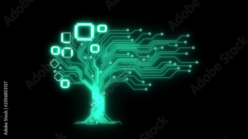 Neon circuit tree with glowing electronic connections, futuristic digital technology concept.