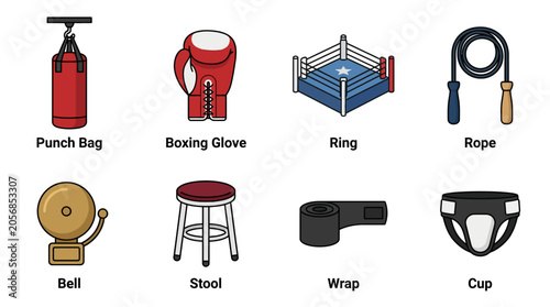 Fotografie Collection of boxing equipment and training gear icons.