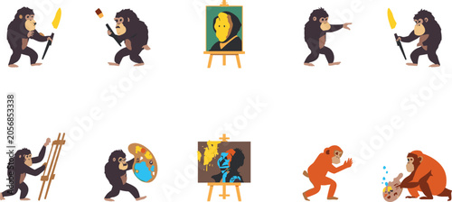 Photography Cute chimpanzee artist character set holding wooden paint palette painting port