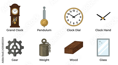 Collection of vintage clock parts and materials.