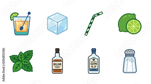 Obraz na plátne Colorful cocktail and beverage ingredients illustration set.