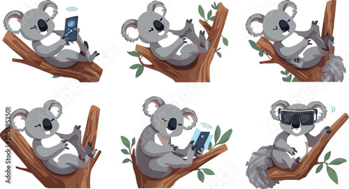 Photography Cute koala character set relaxing on eucalyptus tree branch using smartphones an