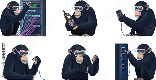 Canvas Print Smart chimpanzee IT technician character set fixing network server rack cables a
