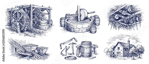 Foto Vintage cider mill engraving set showing traditional apple press, rustic waterwh