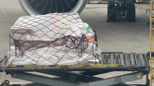 Airport ground crew equipment loads secured air freight into a commercial passenger aircraft at Chicago O'Hare International Airport. 15200  