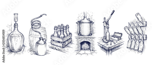 Fotografía Homebrewing equipment engraving sketch set showing traditional craft beer brewin