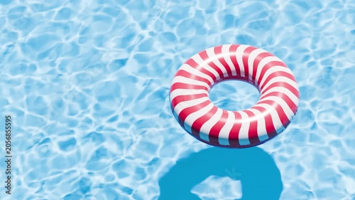 Retro swim ring with stripe t pattern in the empty clear pool. Swimming pool top view. 3d rendering