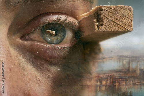 A speck of sawdust in a brother's eye while a massive wooden plank protrudes from the observer's eye, surreal