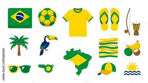 Brazil Icons Collection Brazilian Flag Soccer Ball Toucan Palm Tree and Capoeira Elements Vector
