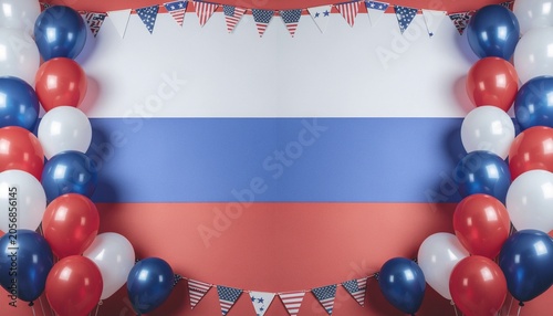 Red white blue balloon party frame with striped tricolor backdrop