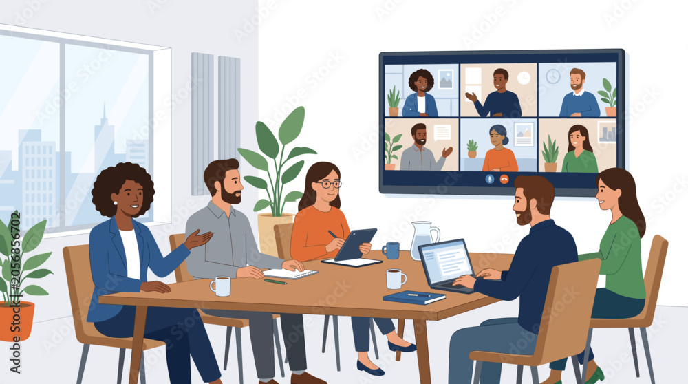 Fototapeta premium Diverse team collaborating in a modern office with a video conference on screen Vector
