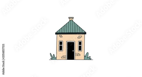 Small house with green roof and door.