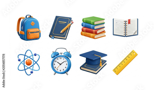 Billede på lærred Education 3D Vector Icon Set with Backpack Books Pencil Lecture Atomic Symbol Al