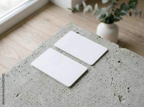 Minimalist mockup of two blank white business cards resting on a textured concrete surface with a blurred indoor background
