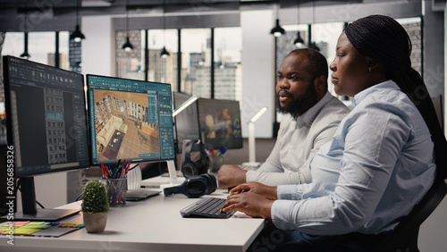 Team of designers developing digital 3D architecture model with virtual assets and software, architect and worker uses interface to render apartment layout and prepare floor plan blueprints.