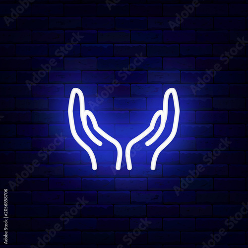 Human hands neon icon. People help and donation emblem on brick wall. Charity sign. Shiny flyer. Editable stroke. Vector stock illustration
