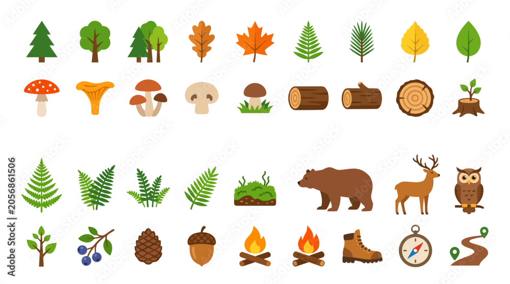 Obraz premium Colorful flat design forest and nature icons set.