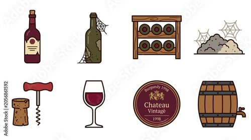 Photos Wine and vineyard related icons set illustration.